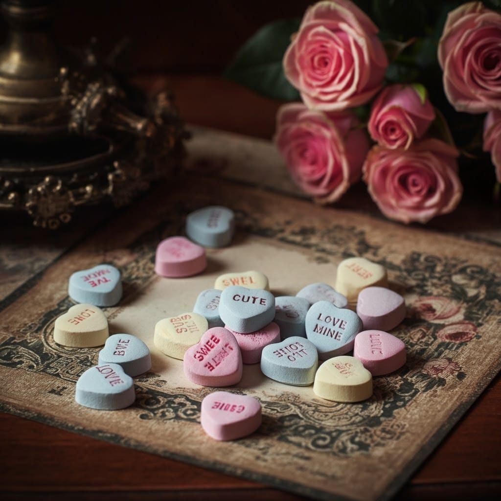 Victorian Romance with Pastel Conversation Hearts and Roses