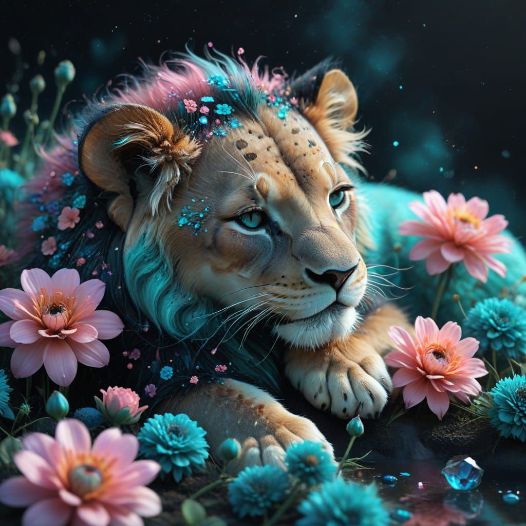 Dreamy 3D Cartoon Baby Lion Sleeping in Celestial Flowers