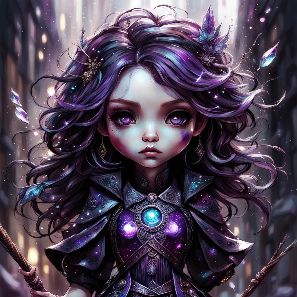 Chibi Witchling with Expressive Eyes in Ink Flow Style