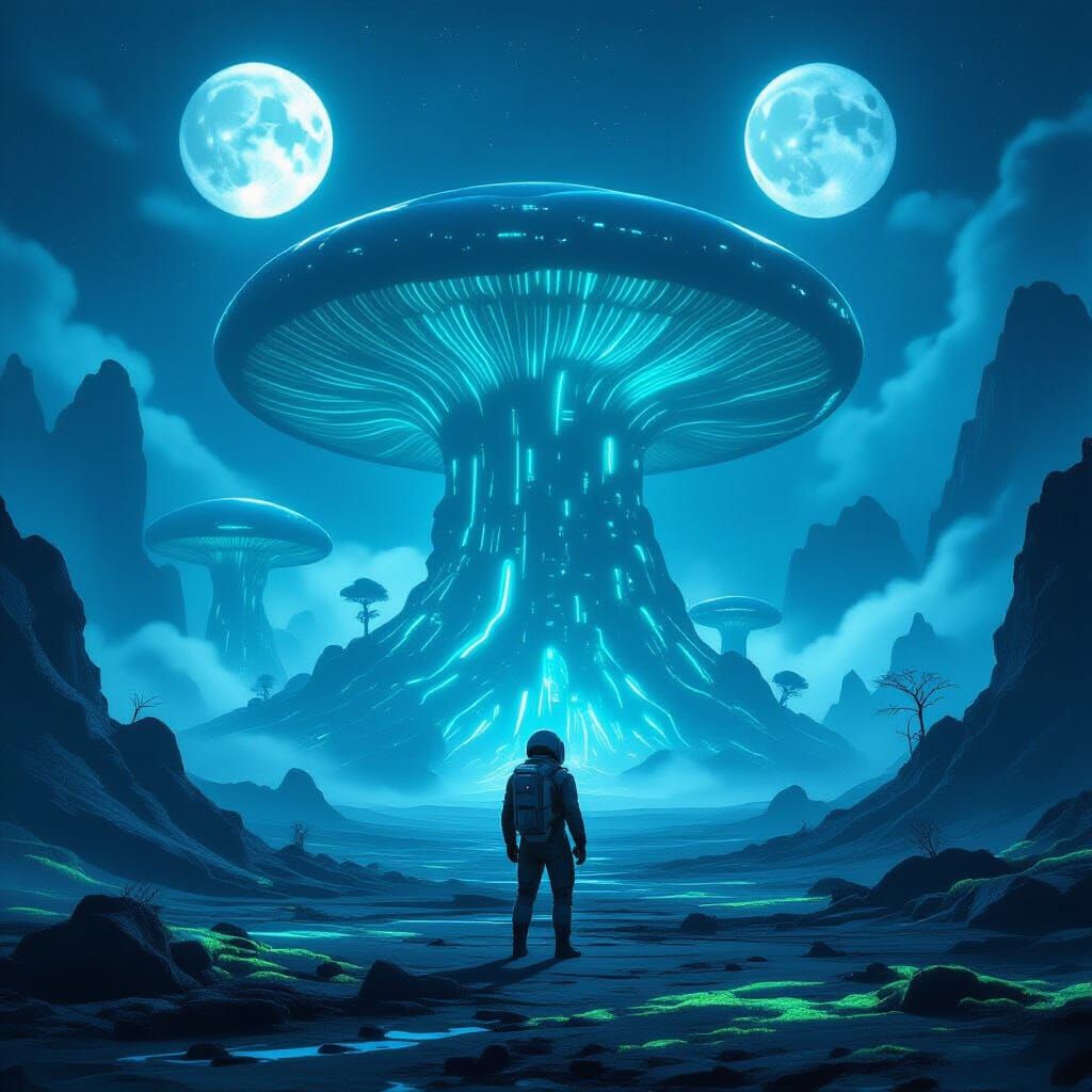 Astronaut on Alien Planet Gazing at Bioluminescent Mushrooms