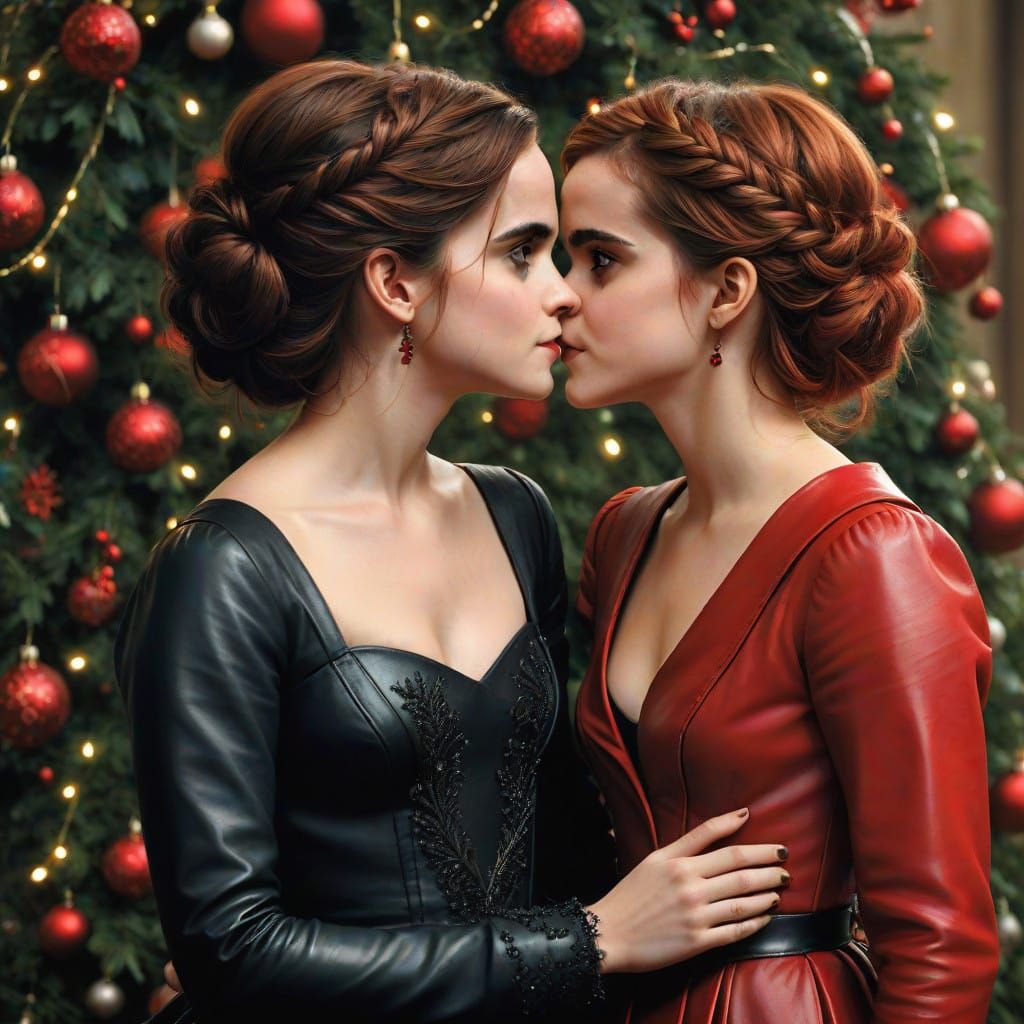 Women in Leather Gowns Kissing Under Mistletoe