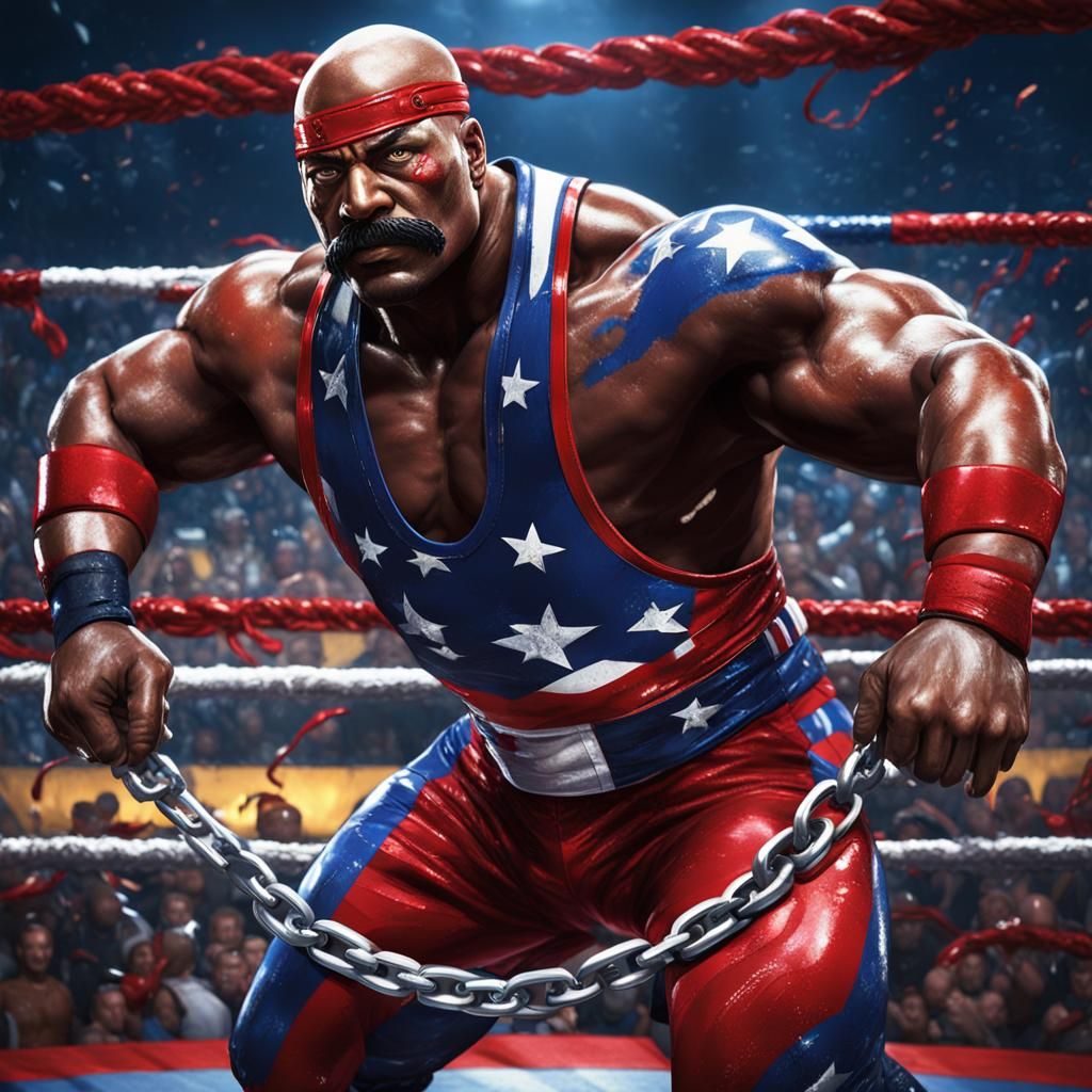 Muscular Wrestler Dragging Chain in Arena