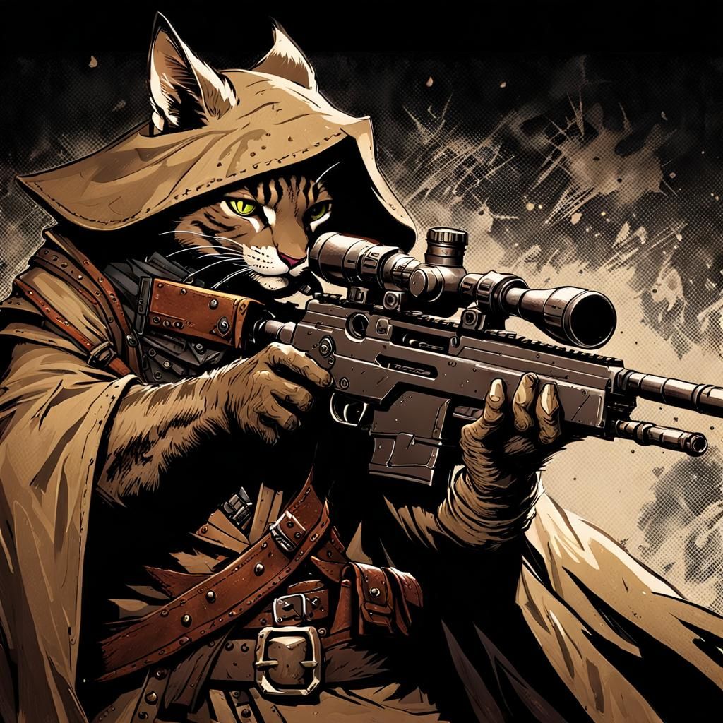 Gunslinger Tabaxi with Sniper Rifle in Darkest Dungeon Style