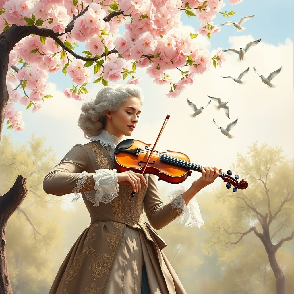 Elegant Violinist in Blossoming Garden, in Impressionist Sty...