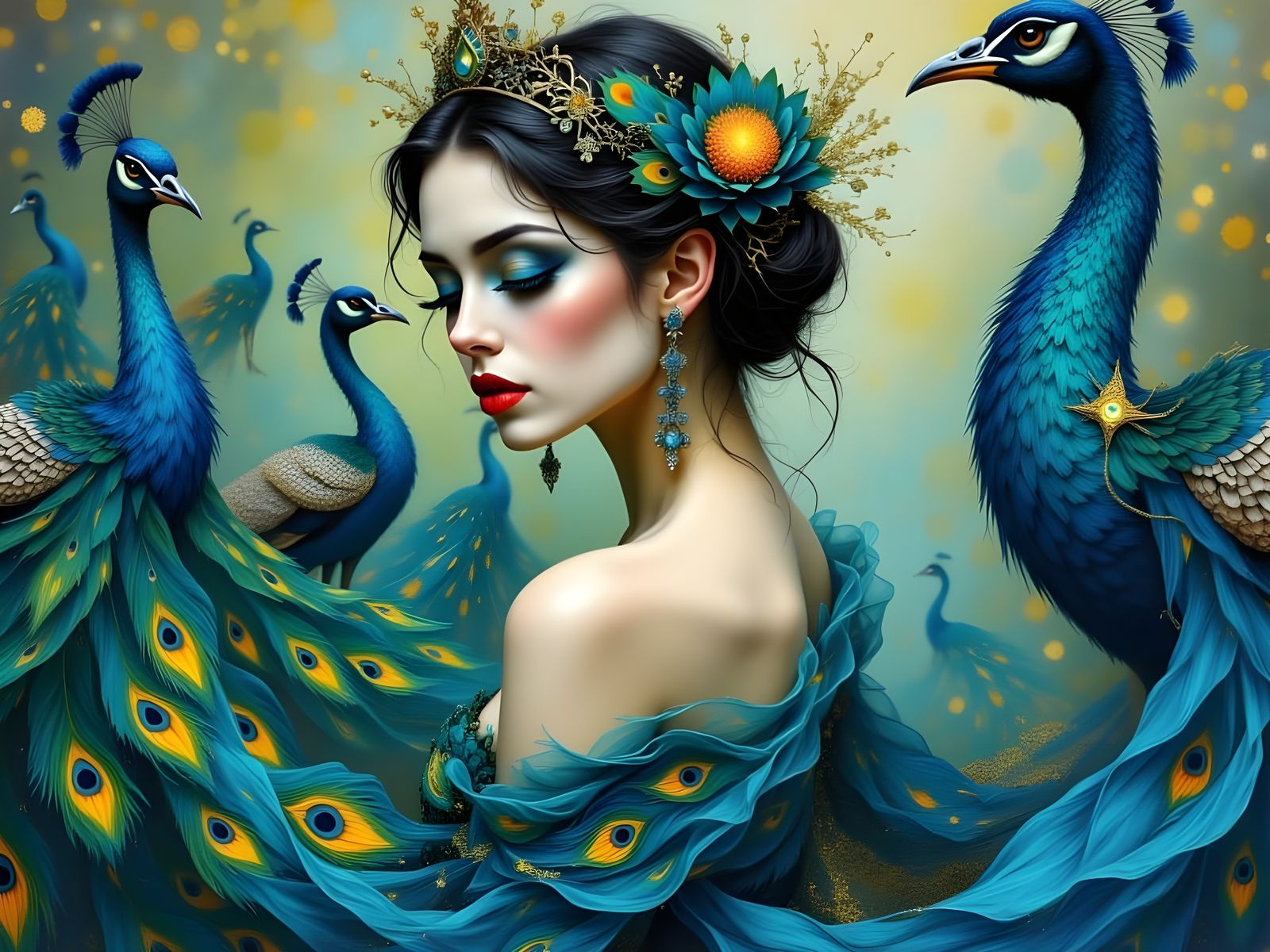 Ethereal Woman Enveloped by Vibrant Peacocks in a Dreamlike ...