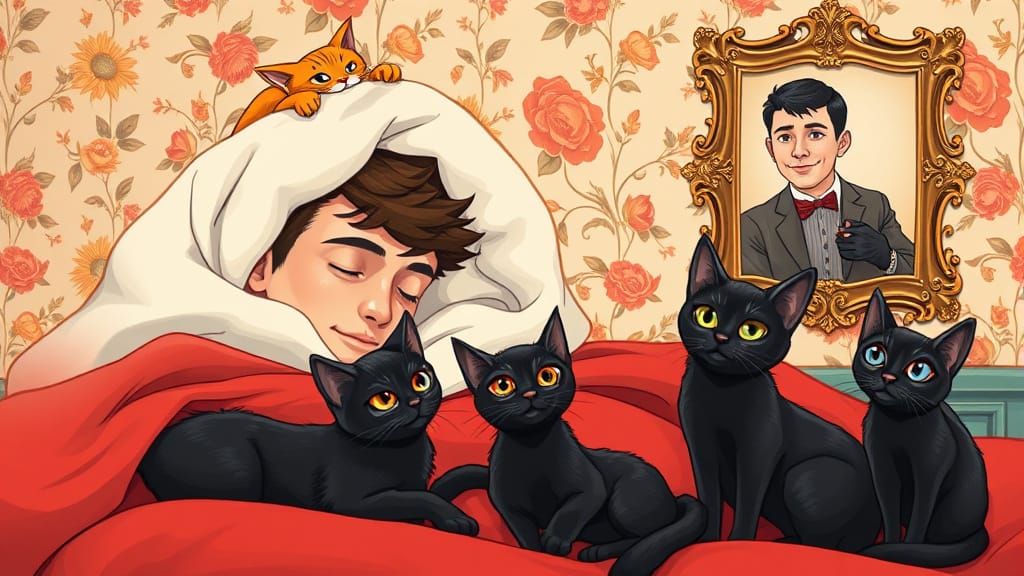 Whimsical Anime Caricature Scene of Cozy Couple and Mischiev...