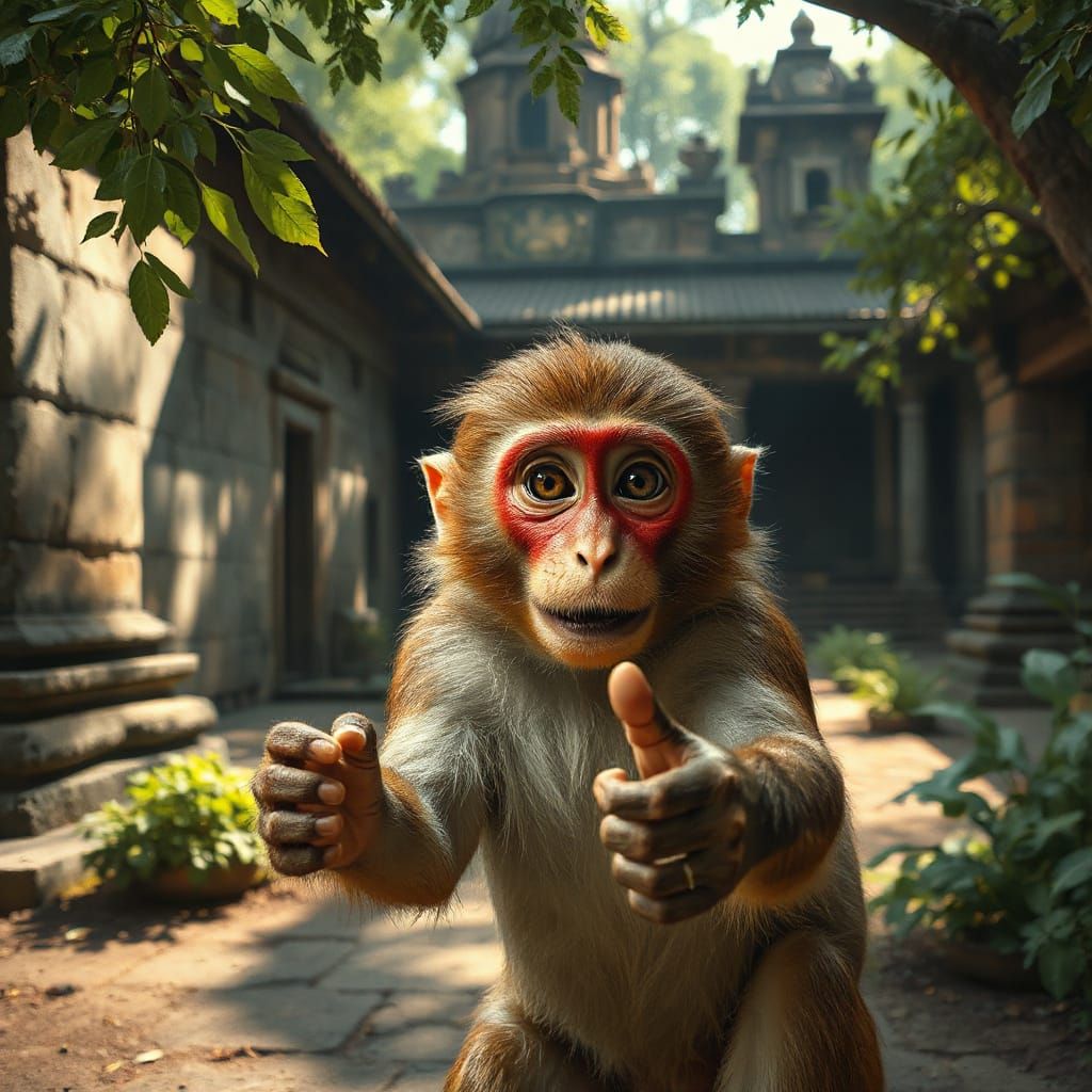 Curious Macaque Monkey in Asian Temple Habitat