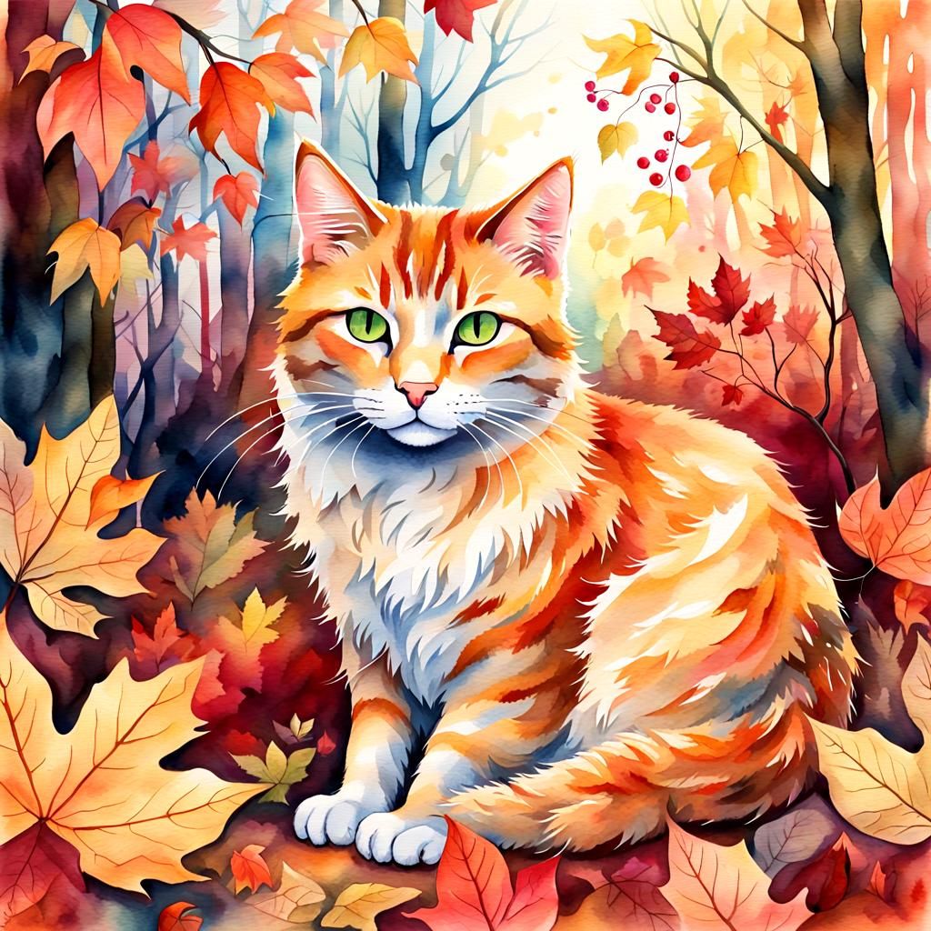 Autumn Cat Spirit in Watercolor Fantasy