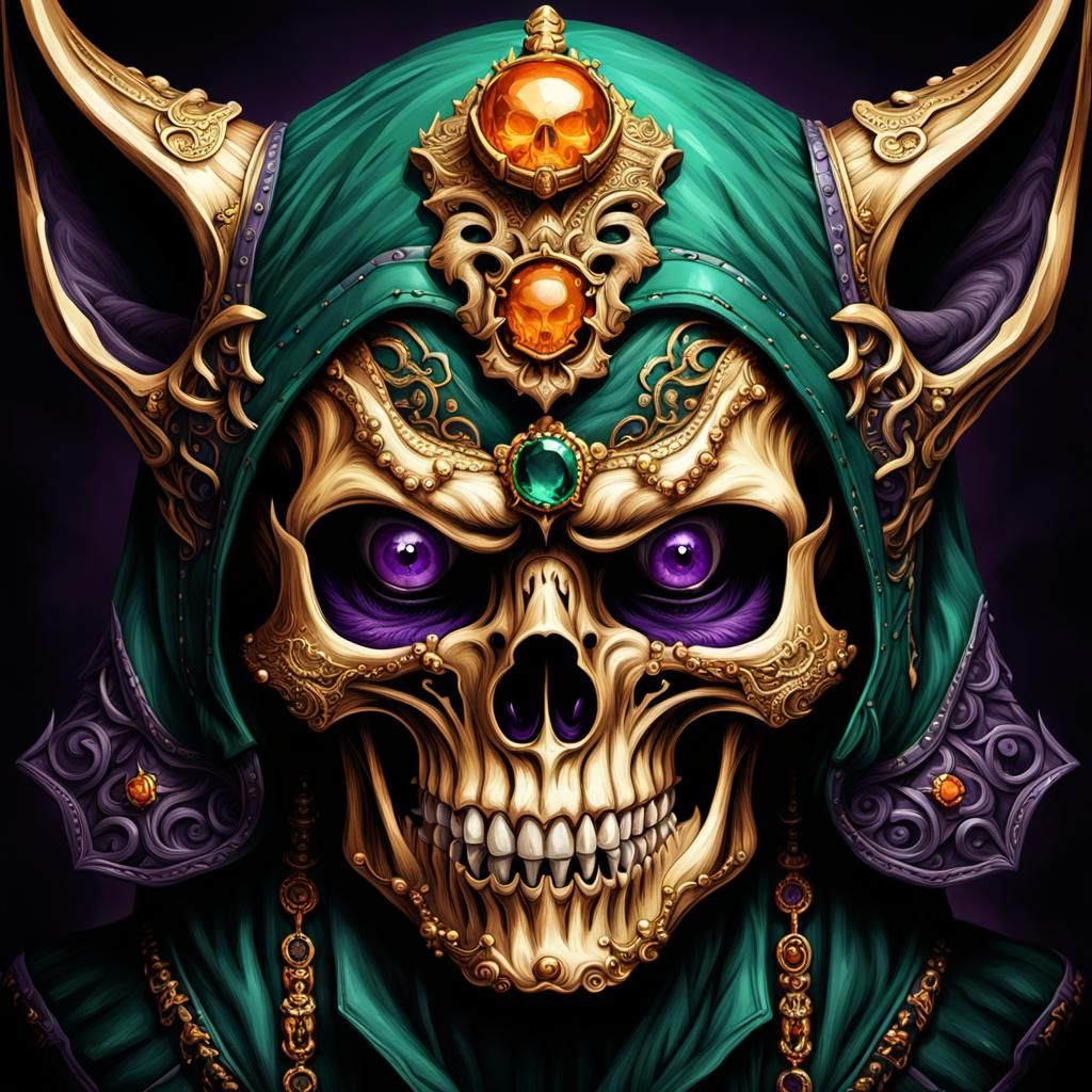Golden Skull Portrait with Emerald Wolf Headdress