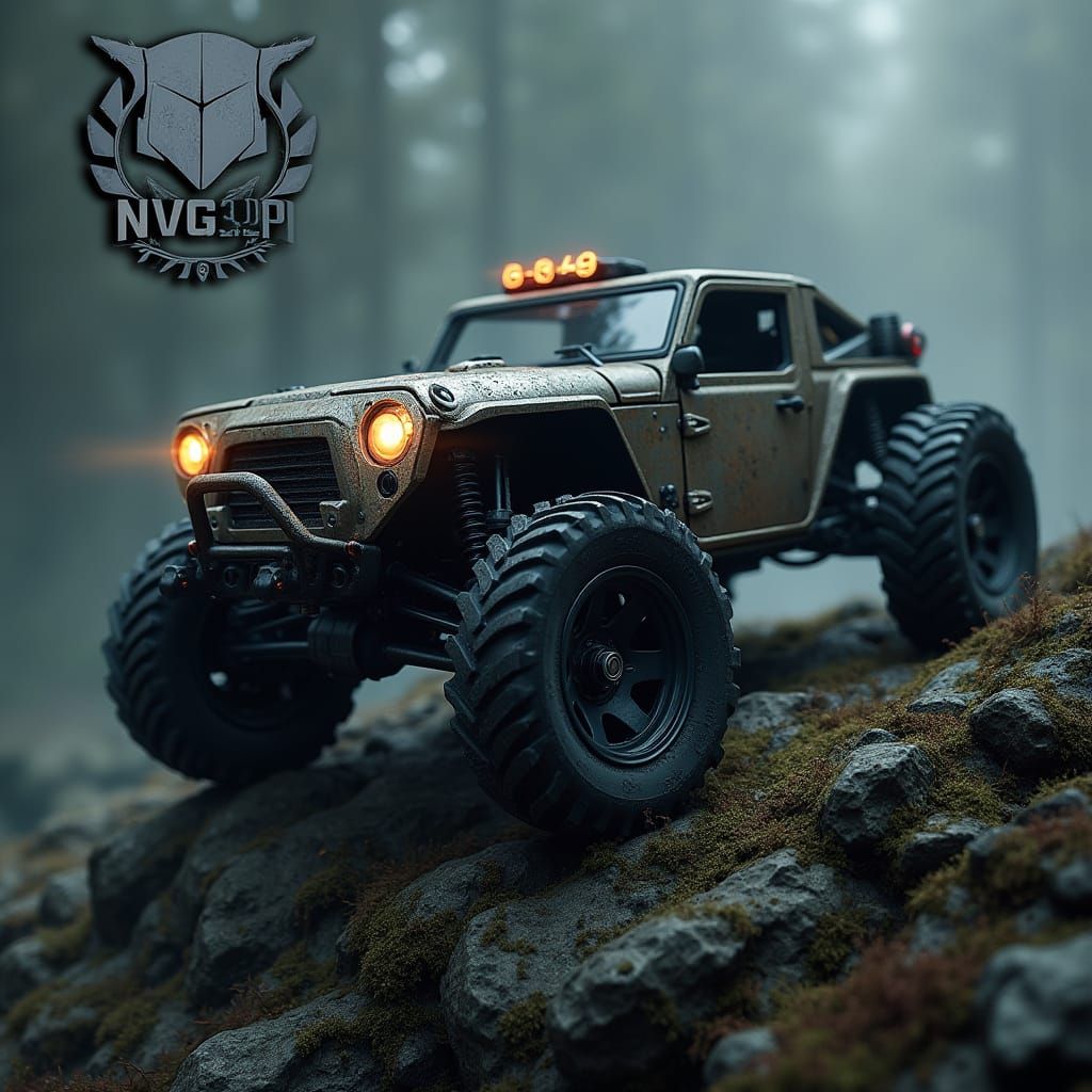 Rugged Futuristic Emblem with Metallic RC Crawler
