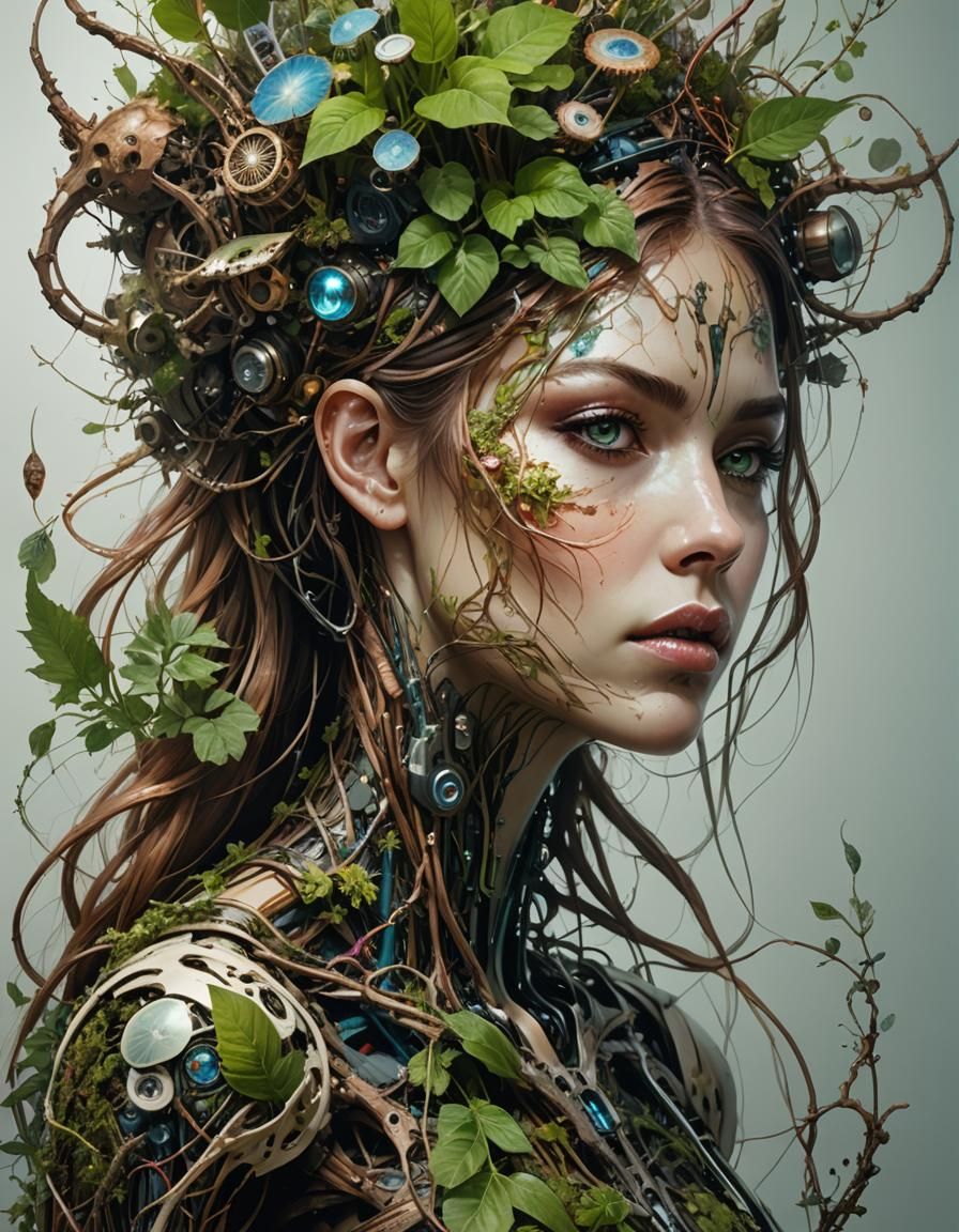 Fungal Biopunk Woman: Nature and Android Fusion