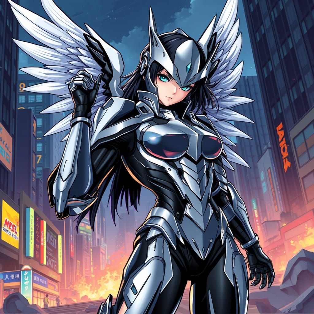 Sleek Chrome Angel Poses Heroically in Dystopian Cityscape