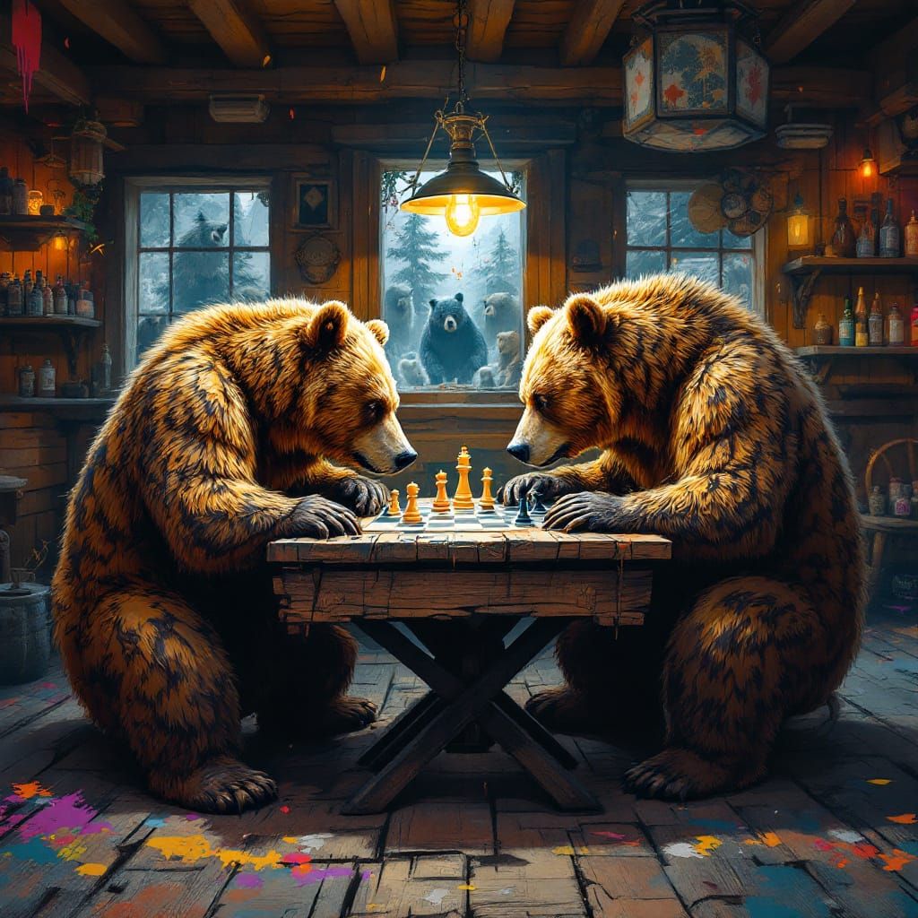 Bears Play Chess in Vibrant Canteen