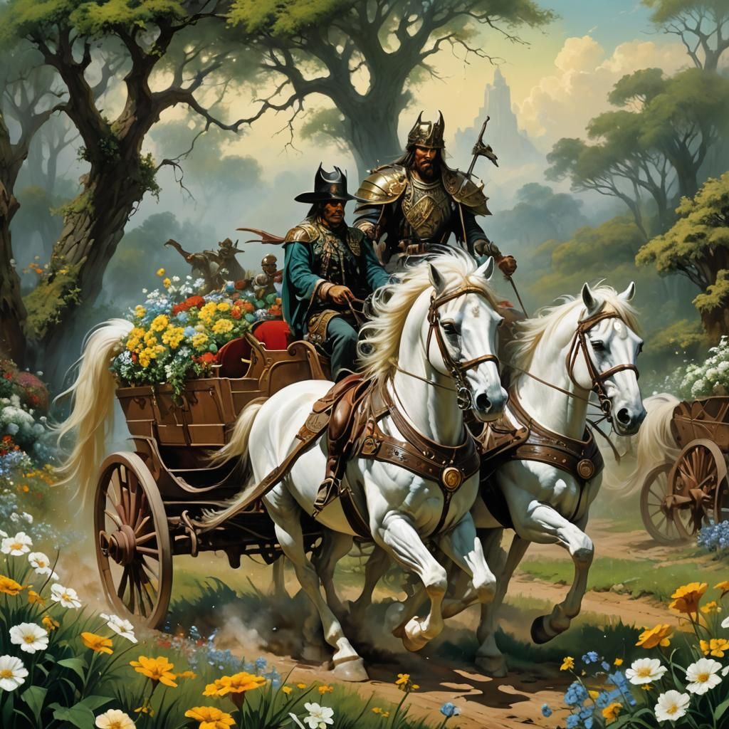 Greek Heroes in Chariot Across Fantasy Landscape