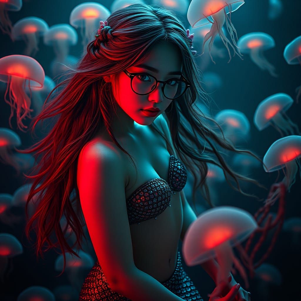 Enchanting Mermaid Surrounded by Glowing Jellyfish