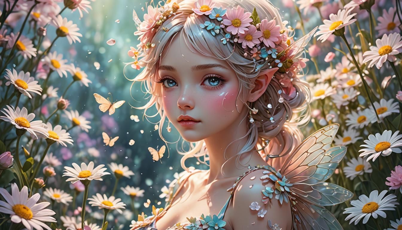 Delicate Fairy Surrounded by Blooming Flowers in Digital Art