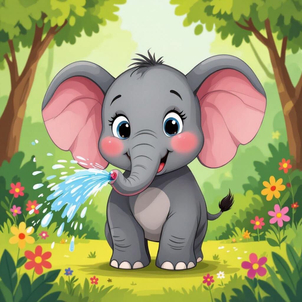 Cartoon Elephant Sprays Water in Jungle Illustration