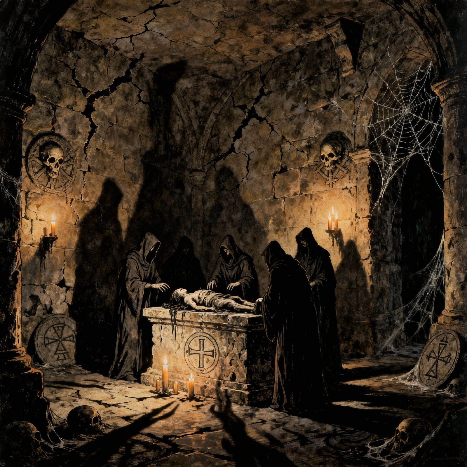 Macabre Ritual in Sinister Crypt, Chiaroscuro Oil Painting
