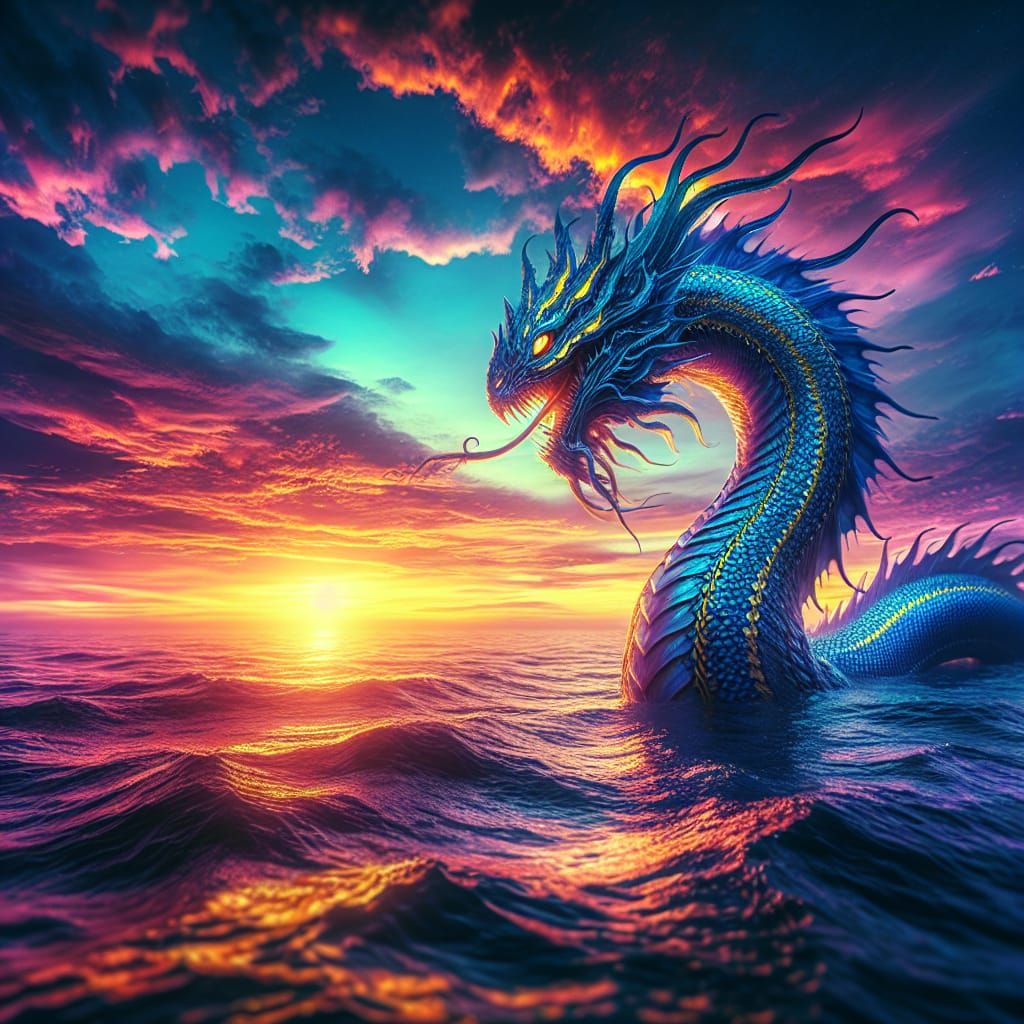 Hyperrealistic Sea Serpent Under a Sunset Sky