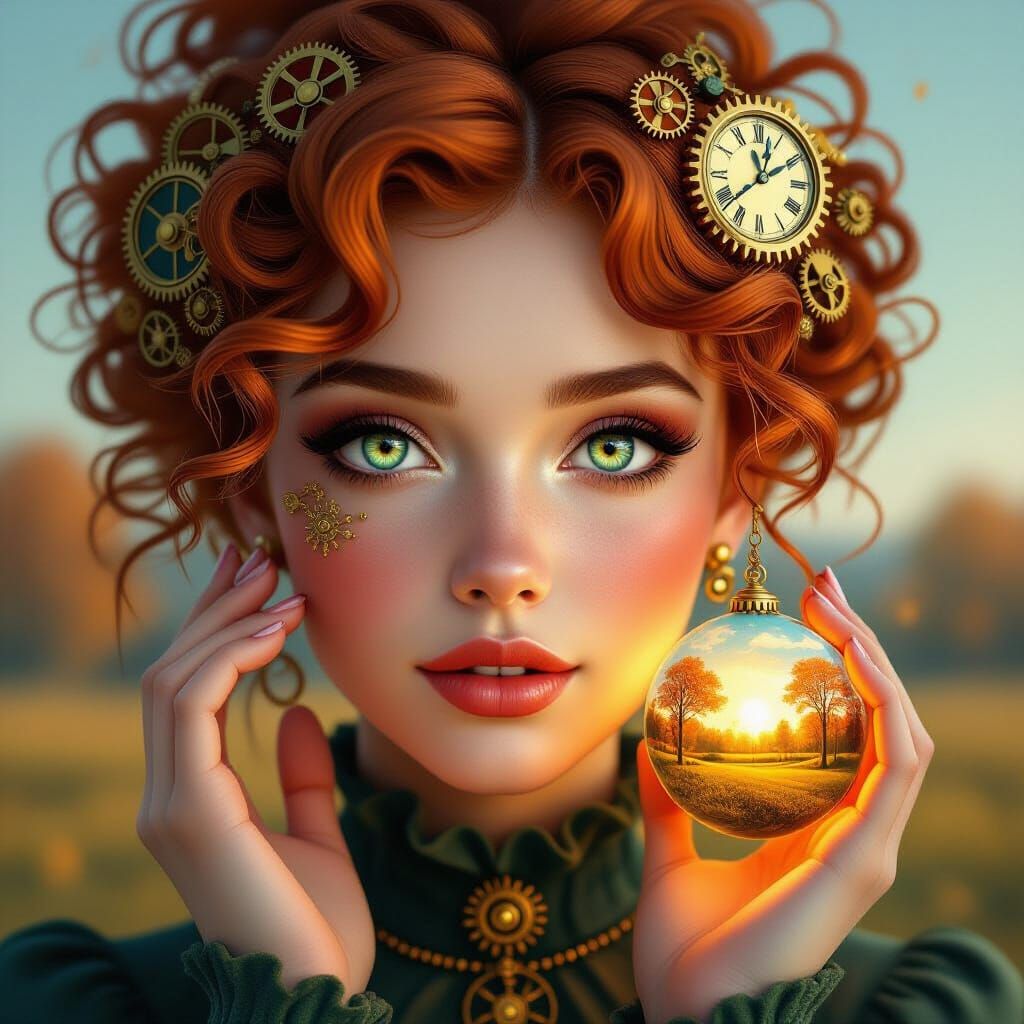 Woman with Autumn Landscape Eyes Holds Glowing Sphere
