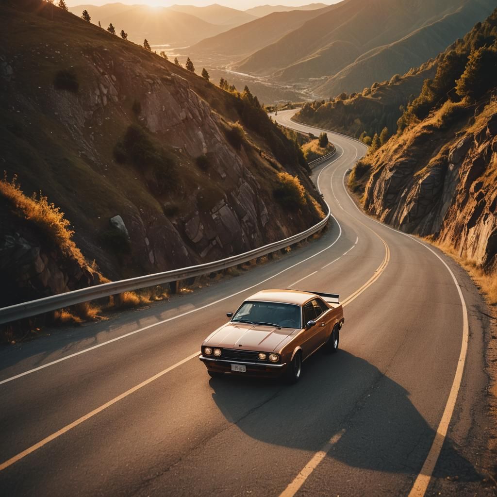 Car Drifting on Mountain Road at Sunset