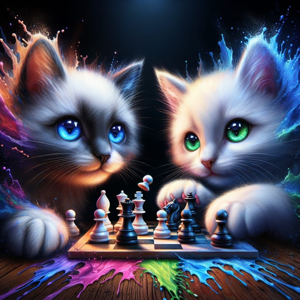 Two fluffy cats playing chess.