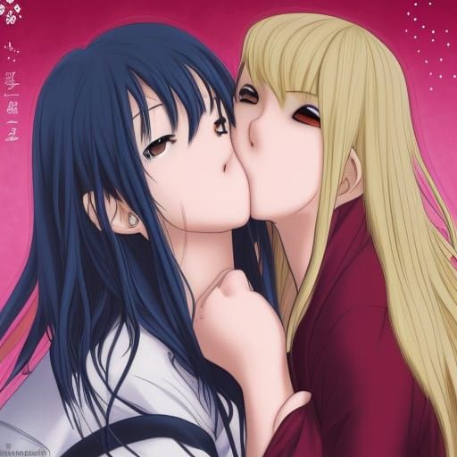 Two Women Kissing in Anime Style