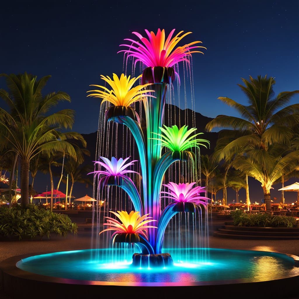 Magical Hawaiian Fountain at Night in 16K Resolution