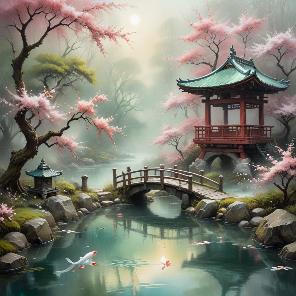 Whimsical Japanese Tea House Amidst Cherry Blossom Paradise