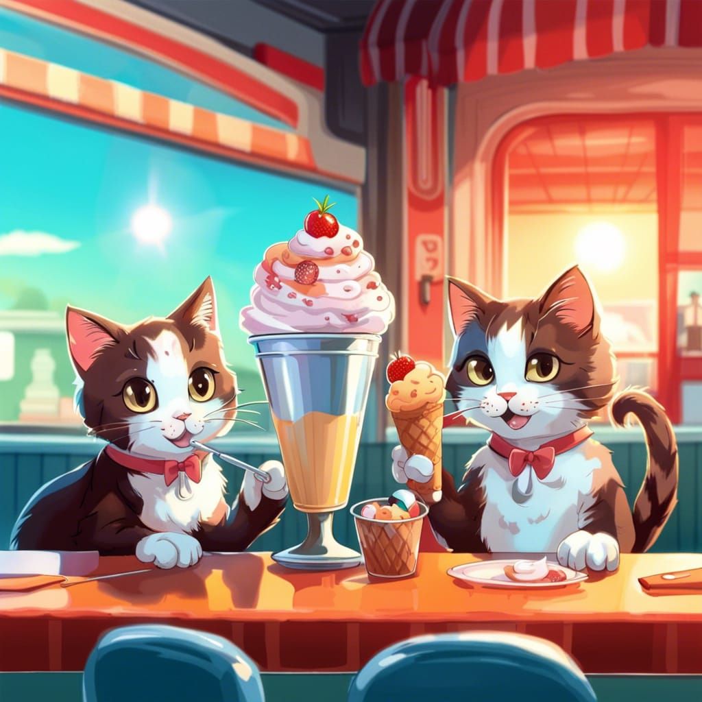 Cats Share Sundae: Anime-Style Diner Scene
