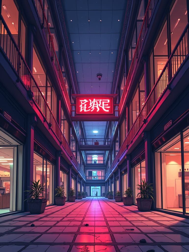 Abandoned Mall Atrium at Dusk in Vector Comic Style