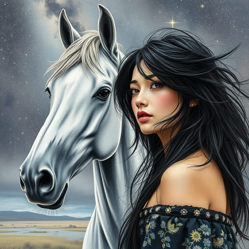 Ethereal Encounter: Woman and Akhal-Teke Horse in Celestial ...