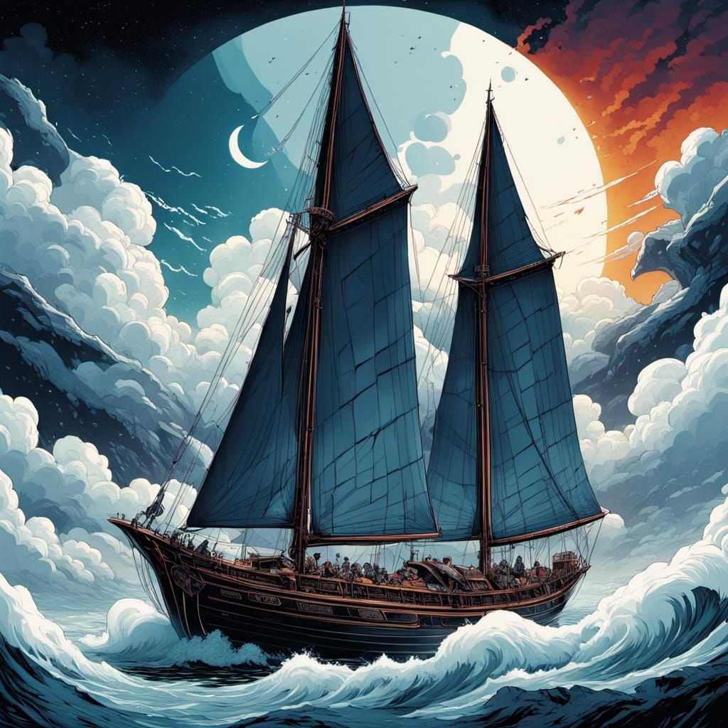 Sailboats Sail Across a Puffy Cloud Ocean in Dynamic Comic B...