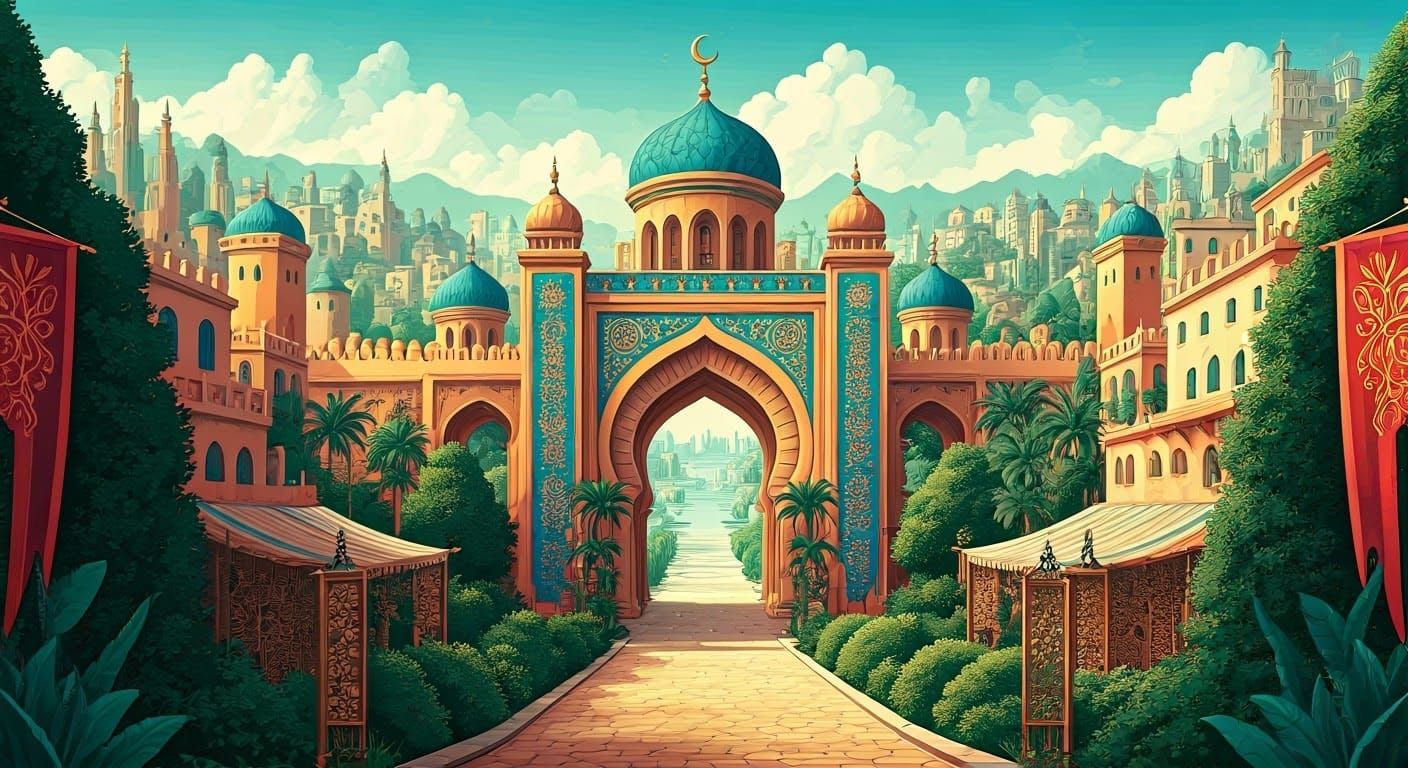 Cyberpunk Fantasy Cityscape in Vibrant Art Nouveau Style