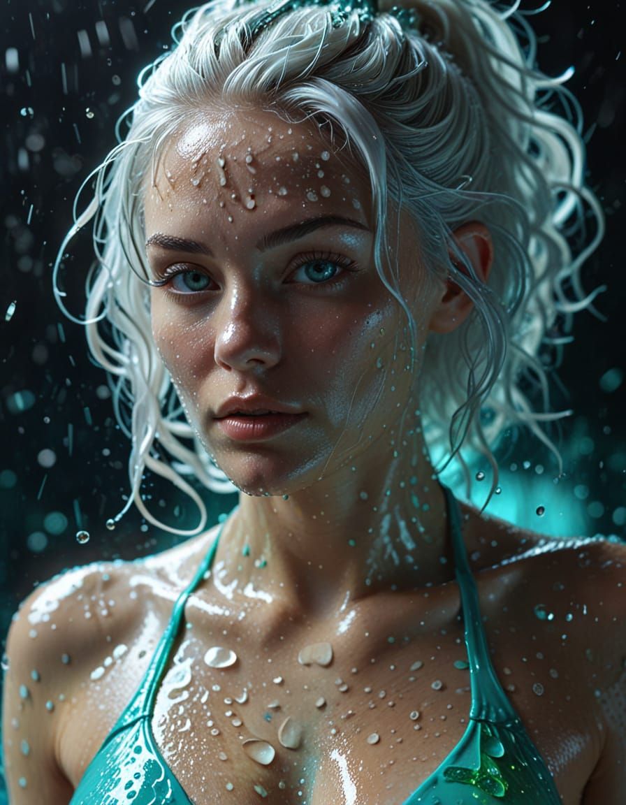 Slime-Skinned Woman in Reflective Swimsuit: Digital Art