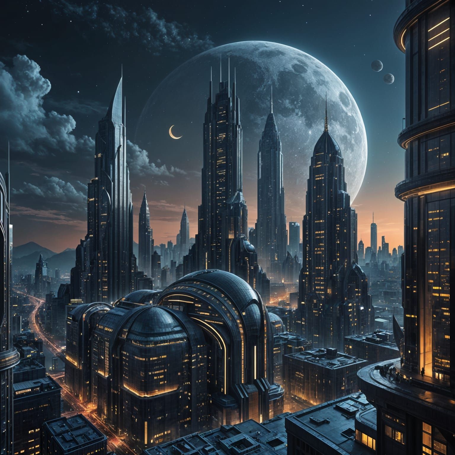 Ethereal Cityscape on the Crescent Moon in Dreamy Art Deco S...
