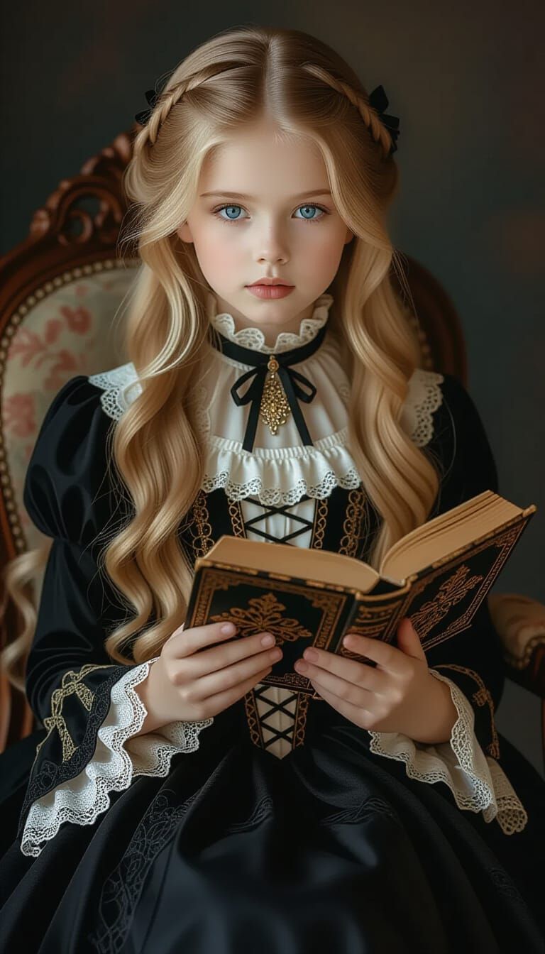 Beautiful Girl Reading a Book in Gothic Dress