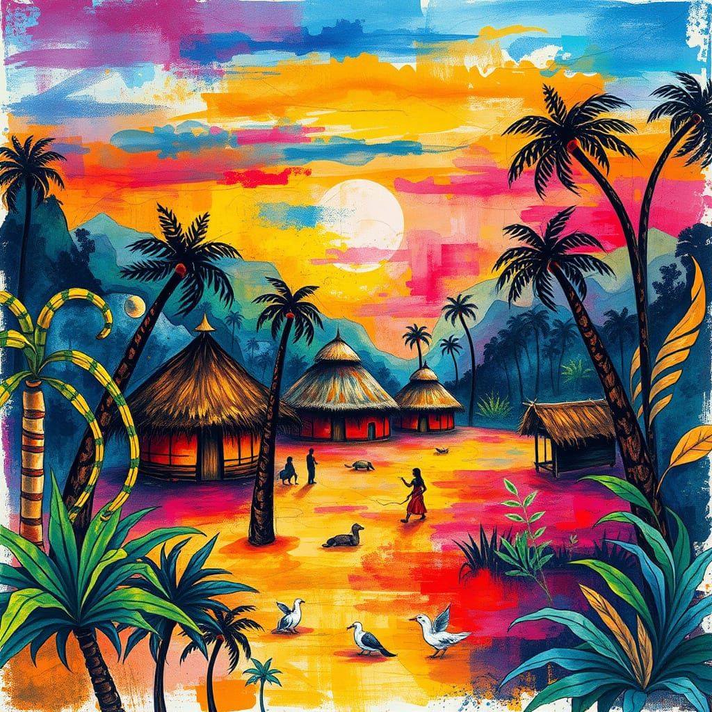 Vibrant Jungle Village at Sunset in Dynamic Abstract Style