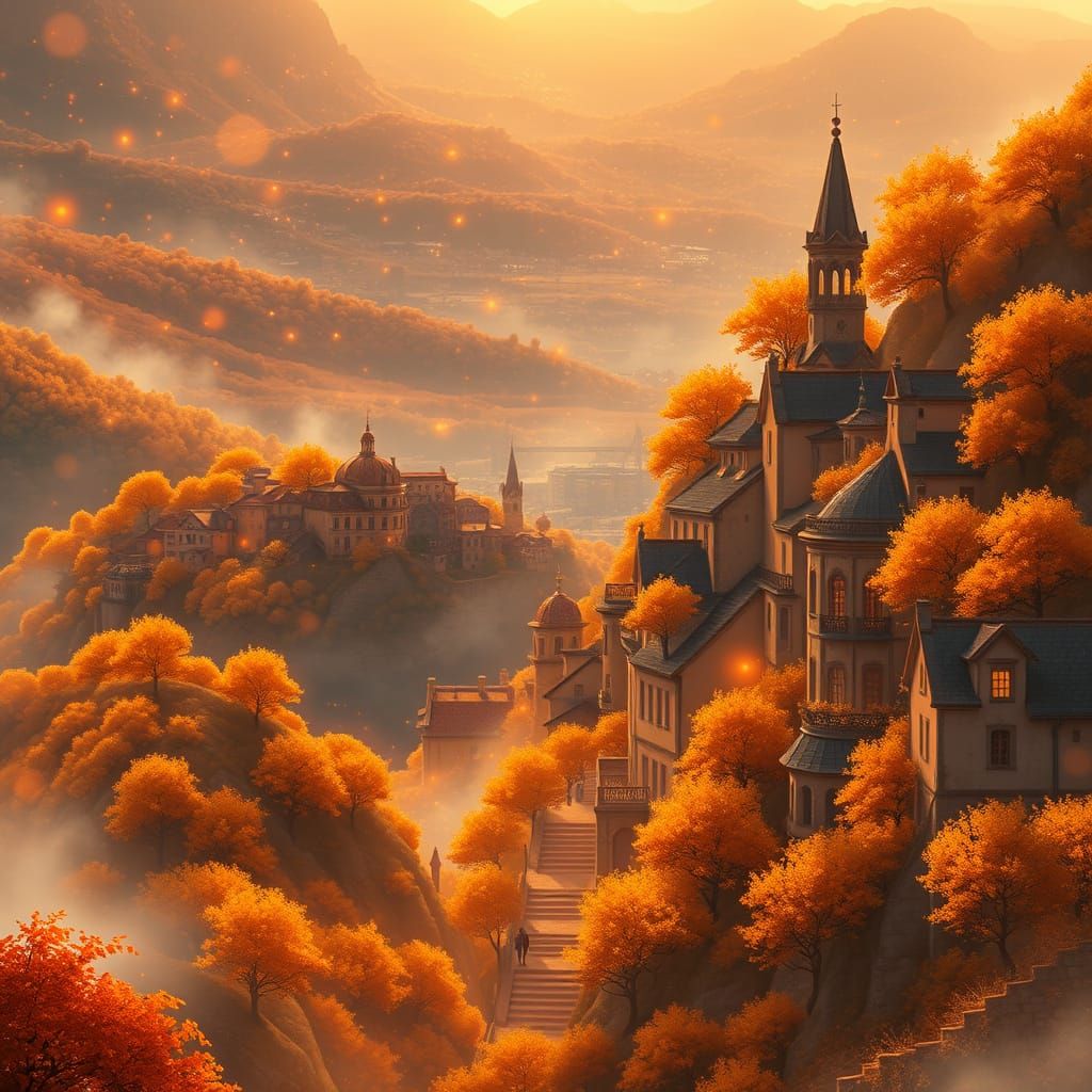 Anime Style Twilight City with Golden Hills and Orange Trees