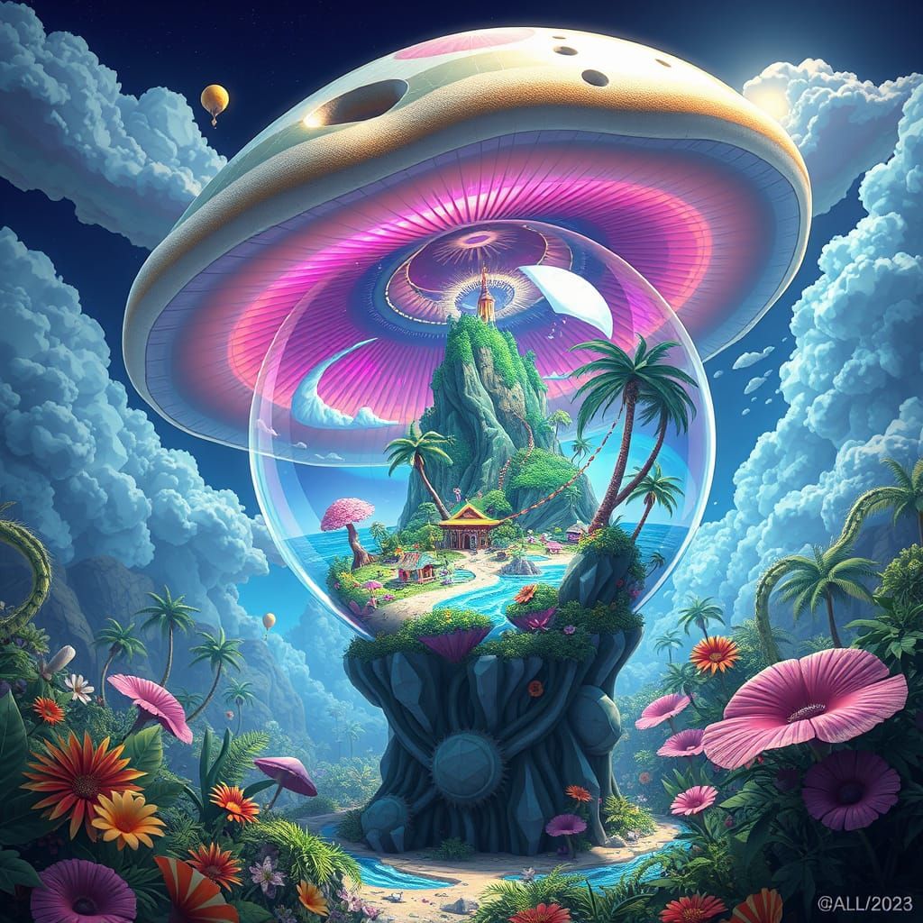 Gigantic Crystal Mushroom Encloses Vibrant Polynesian Island