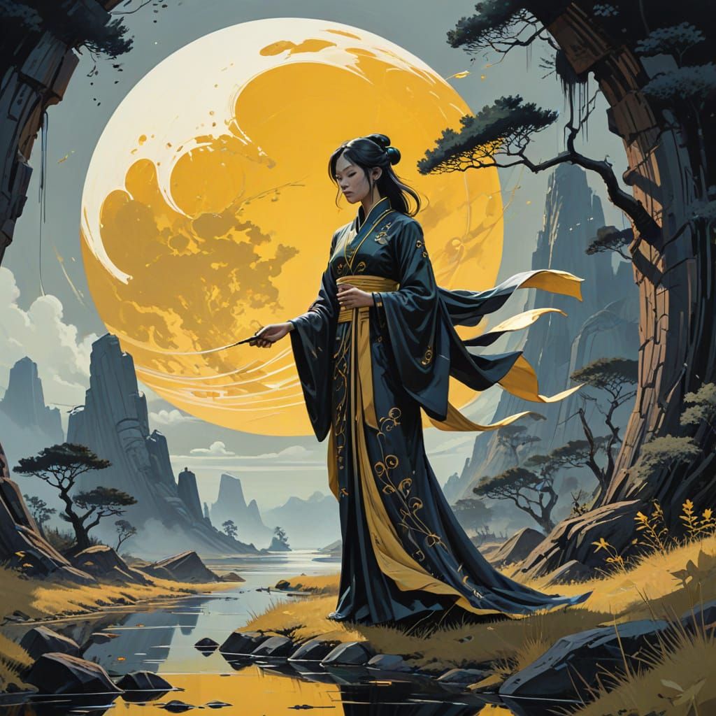 Mystical Figure Conjuring Magic: Gouache Detailed Painting