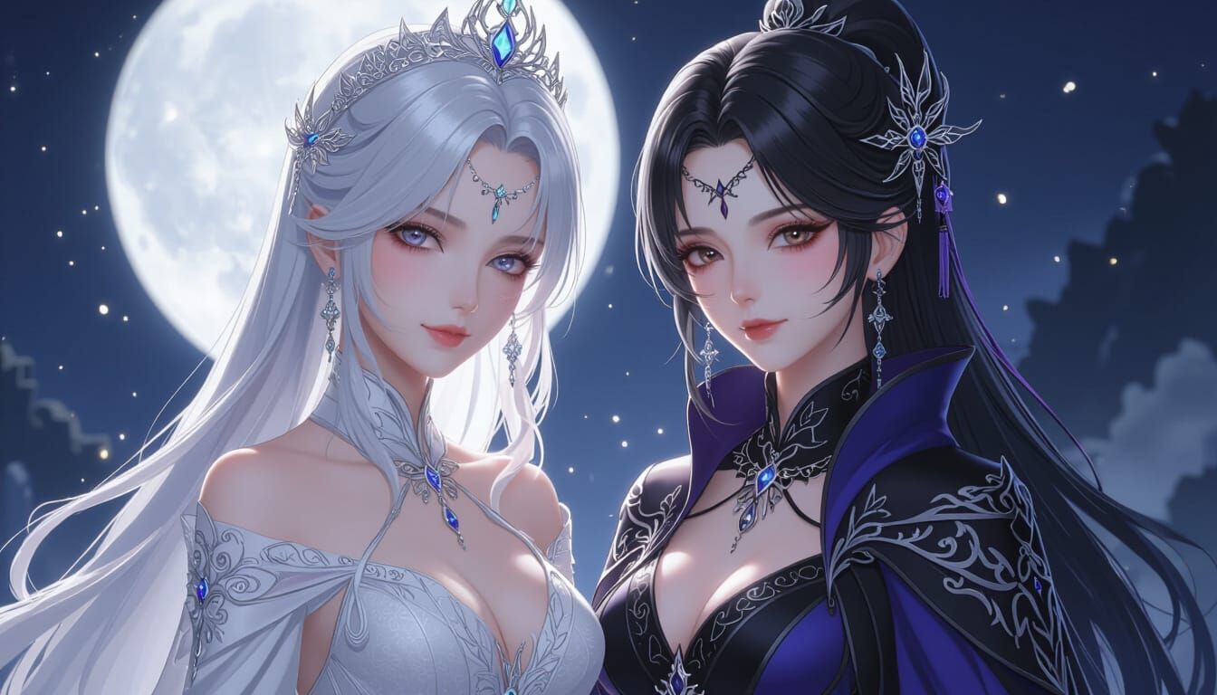 Ethereal Moon Empress and Nocturnal Woman in Moonlight
