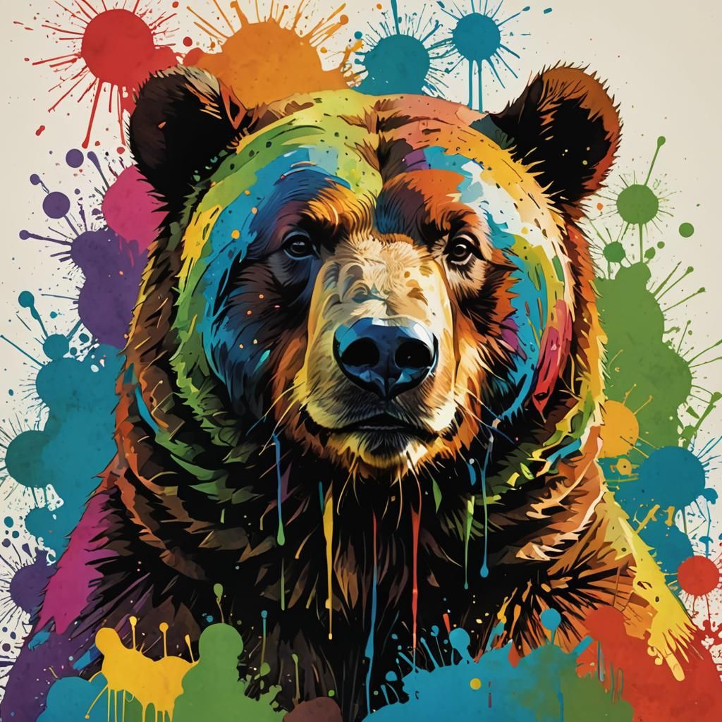 Psychedelic Rainbow Bear Portrait in Digital Collage Style