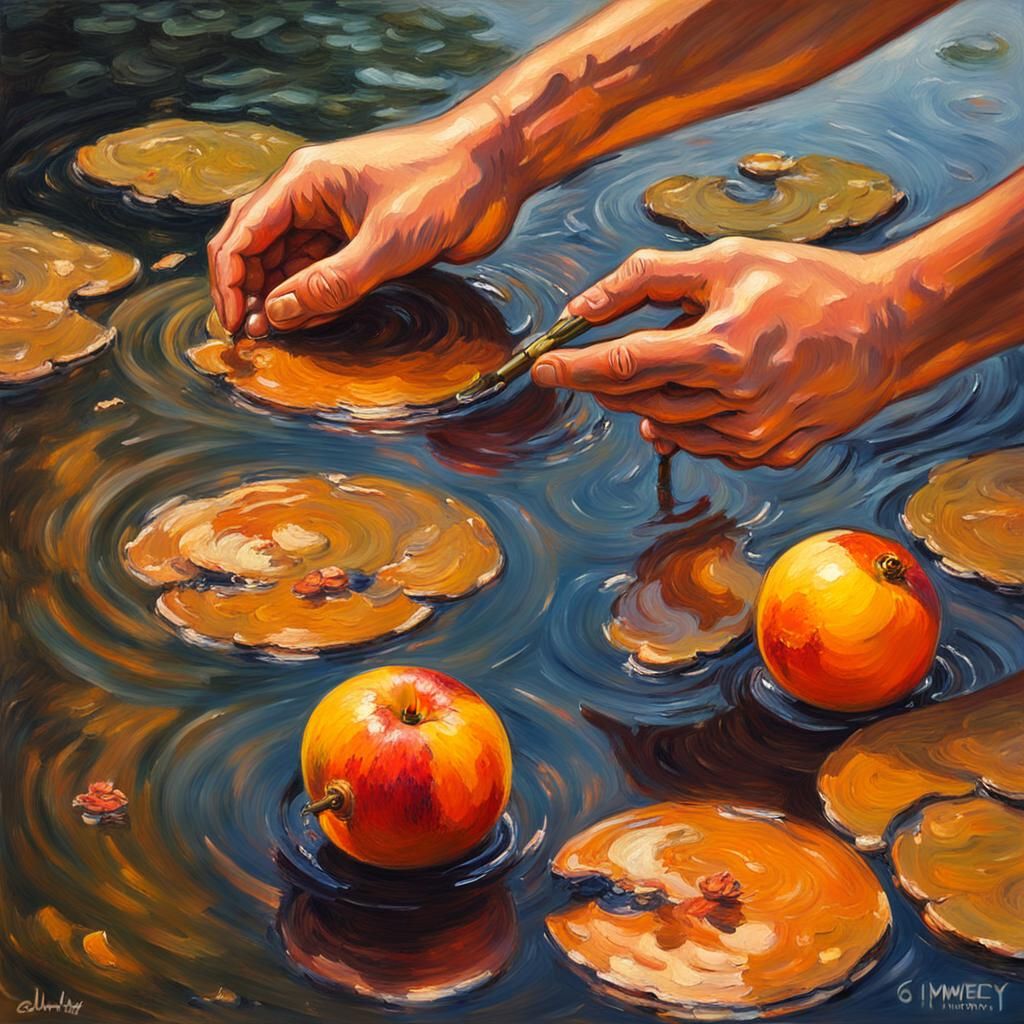 Impressionist Painting: Hand, Nectarine, Lily Pads, Carp