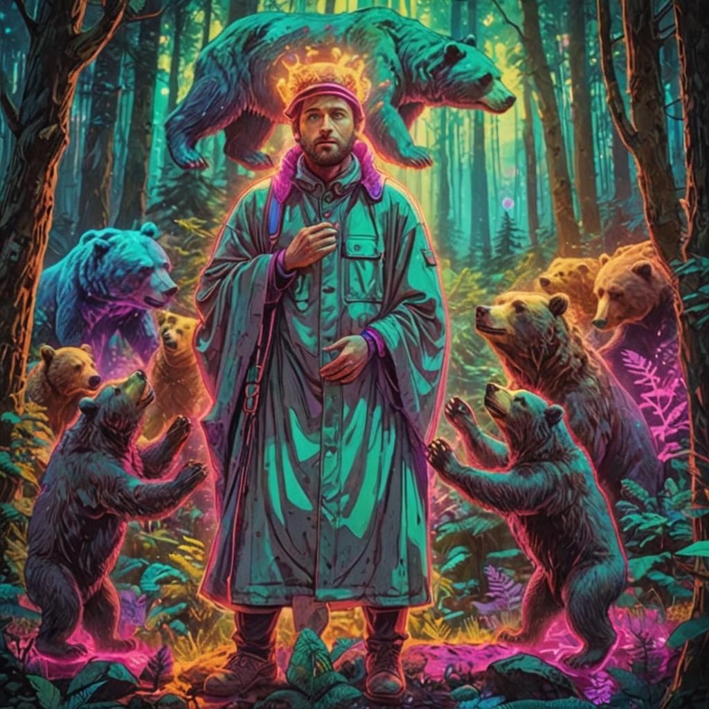 Mystical Forest: Man Surrounded by Bears, Cosmic Illustratio...
