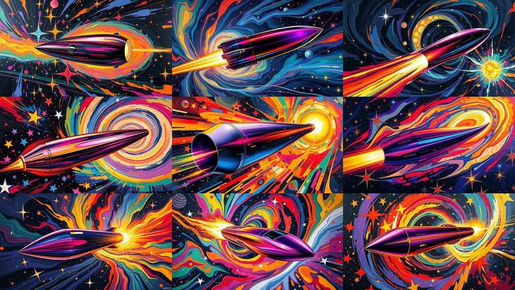 Iridescent Starship Accelerates Through Interstellar Vortex