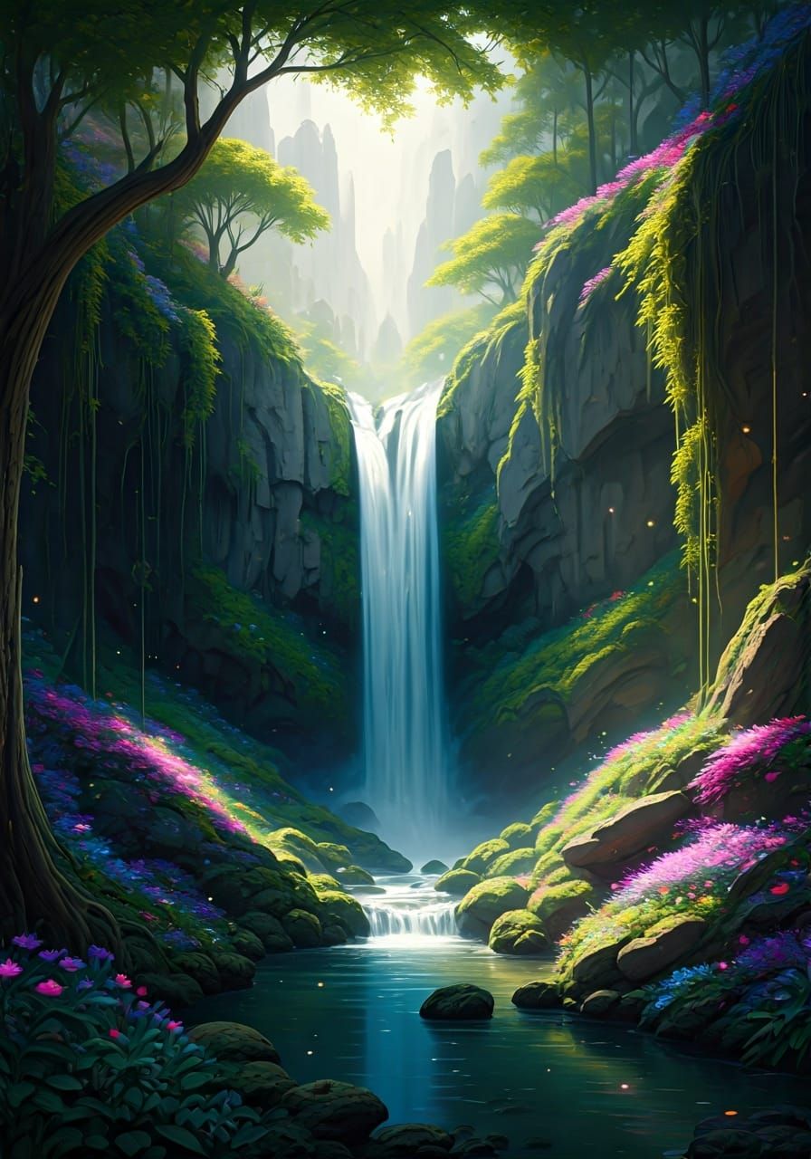 Lush Grotto Waterfall Fantasy Landscape Painting