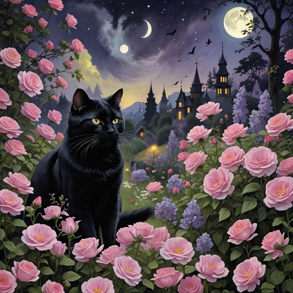 Black Cat in a Moonlit Garden of Roses
