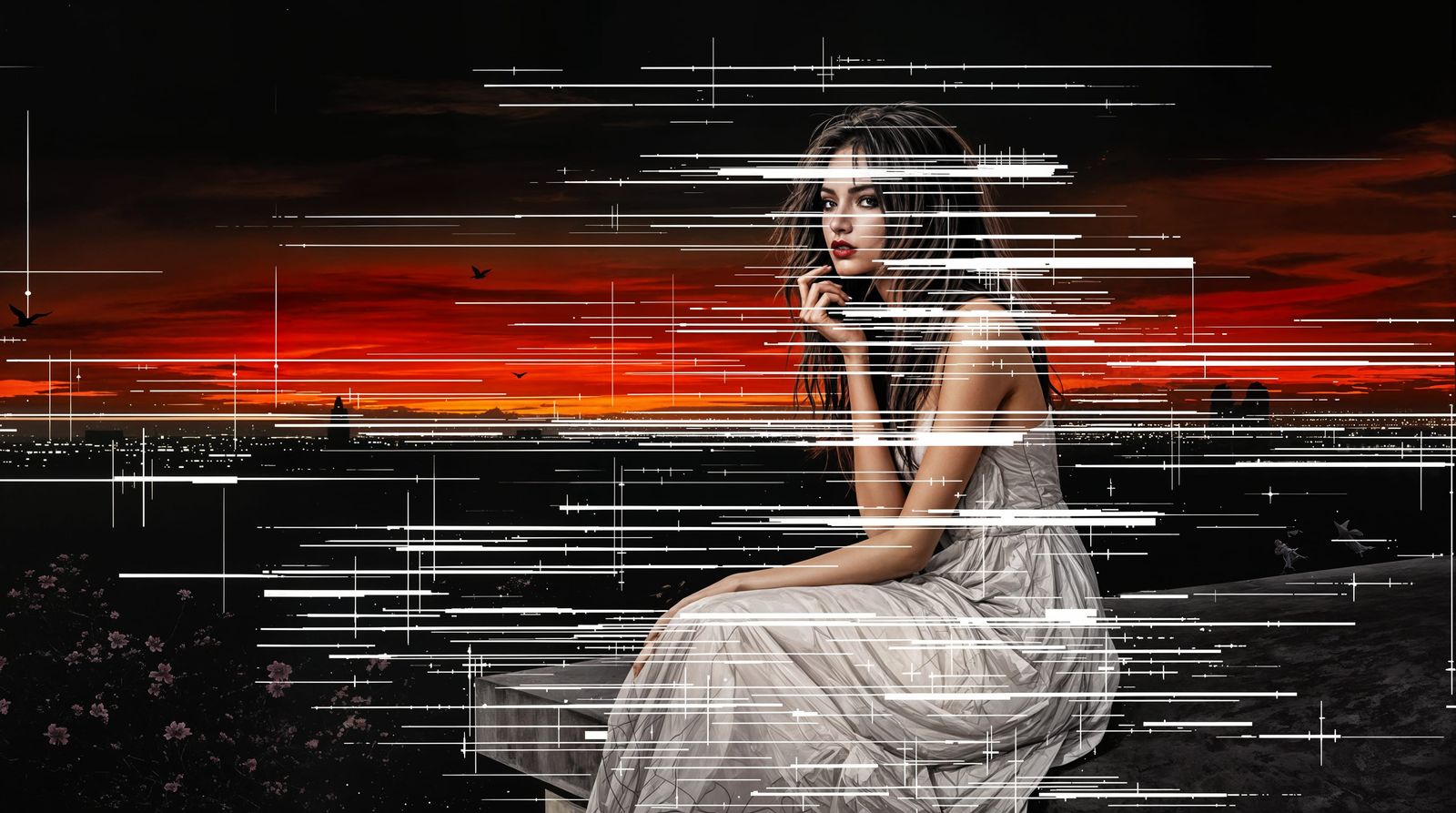 Woman Lost in Sunset Glitch Art