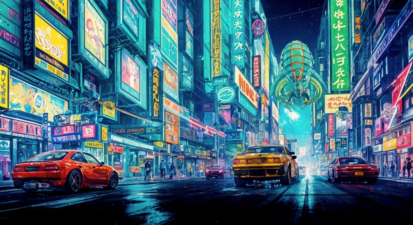 Bio-Mechanical Dragon in Neon Cityscape